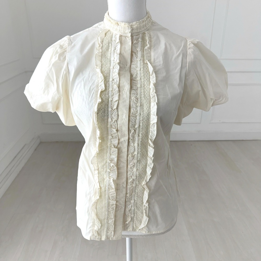 Nygard Collection Blouse Womens 10 Cream Victorian Lace Ruffle Puff Sleeve Top